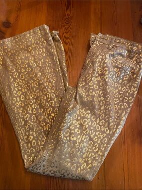 Rock & Roll Cowgirl Metallic Gold Leopard Wide Leg Jeans